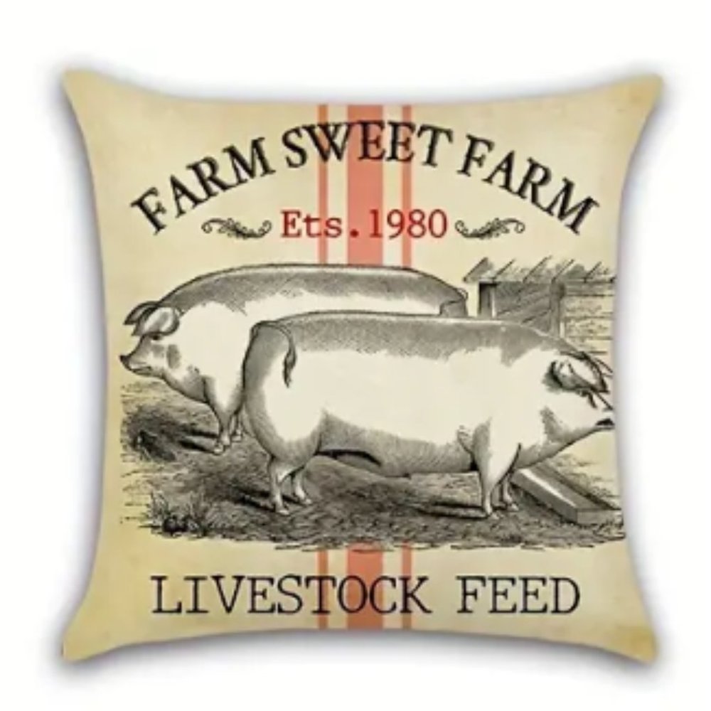 NEW FARMHOUSE DECOR FARM ANIMALS PIG LINEN DECORATIVE PILLOW COVER 18"